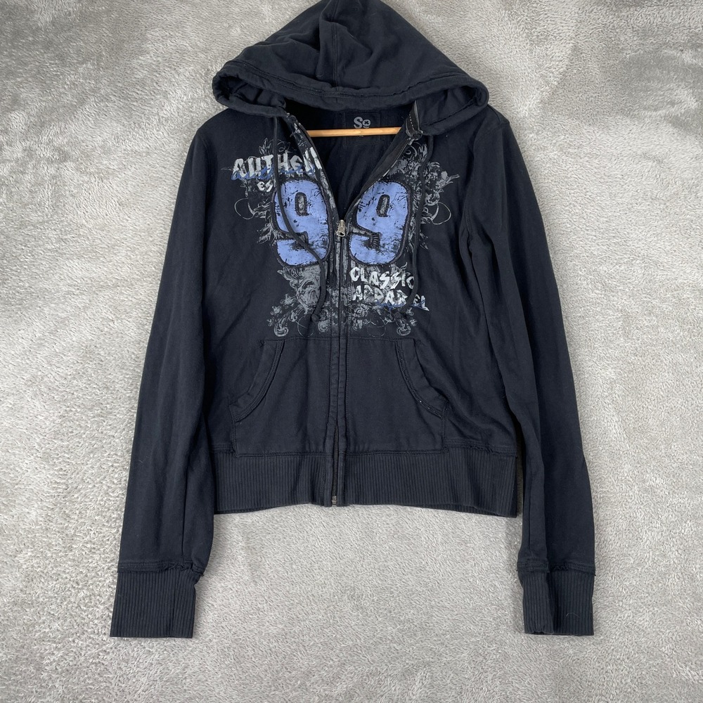 SO Hoodie Womens XL Black Full Zip Distressed Graphic Vintage Y2K Skater Grunge